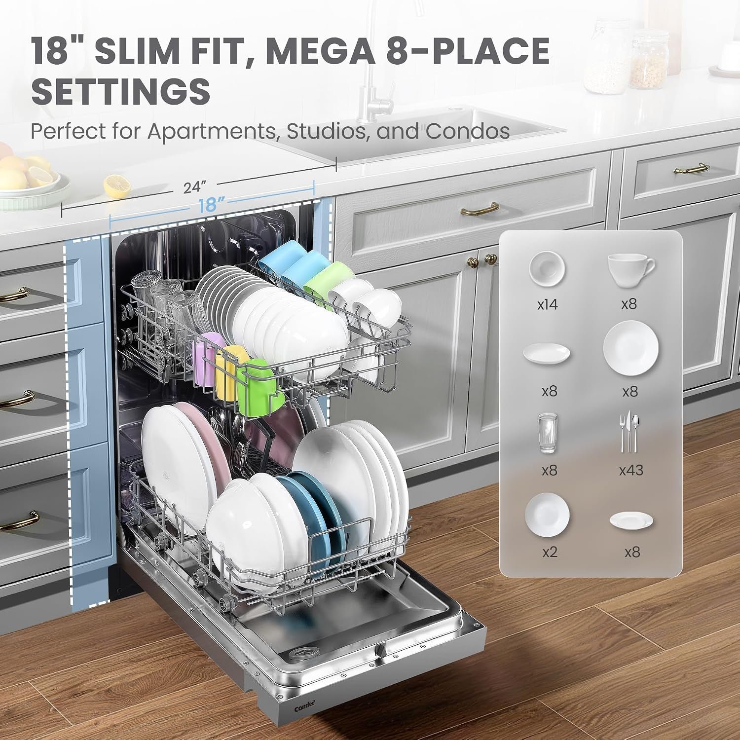 COMFEE’ 18 Inch Built-in Dishwasher – 8 Place Settings with Stainless Steel Tub, Heated Dry & Energy Star Certified – CDF18A2BST - Image 4