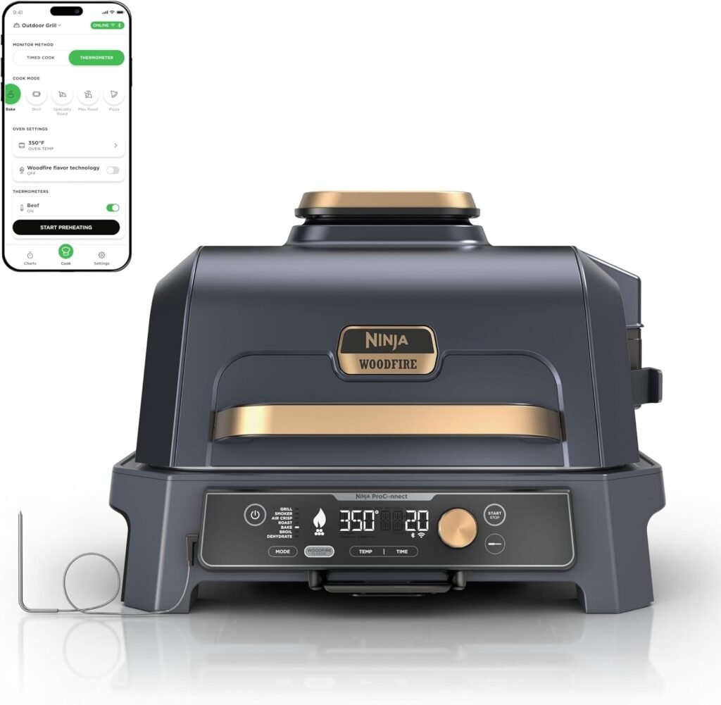 Ninja Woodfire ProConnect Premium XL 7-in-1 Outdoor Grill & Smoker – App Enabled with Woodfire Technology & Built-In Thermometer – OG951BL1