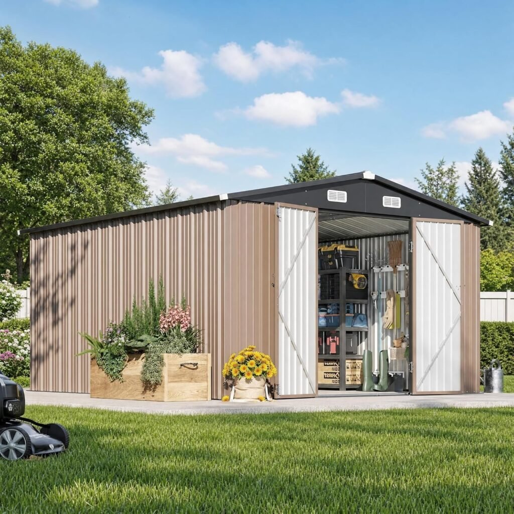 Aoxun 12×10 FT Outdoor Storage Shed – Metal Garden Shed with Double Hinged Doors for Lawn Tools, Bikes & Patio Furniture