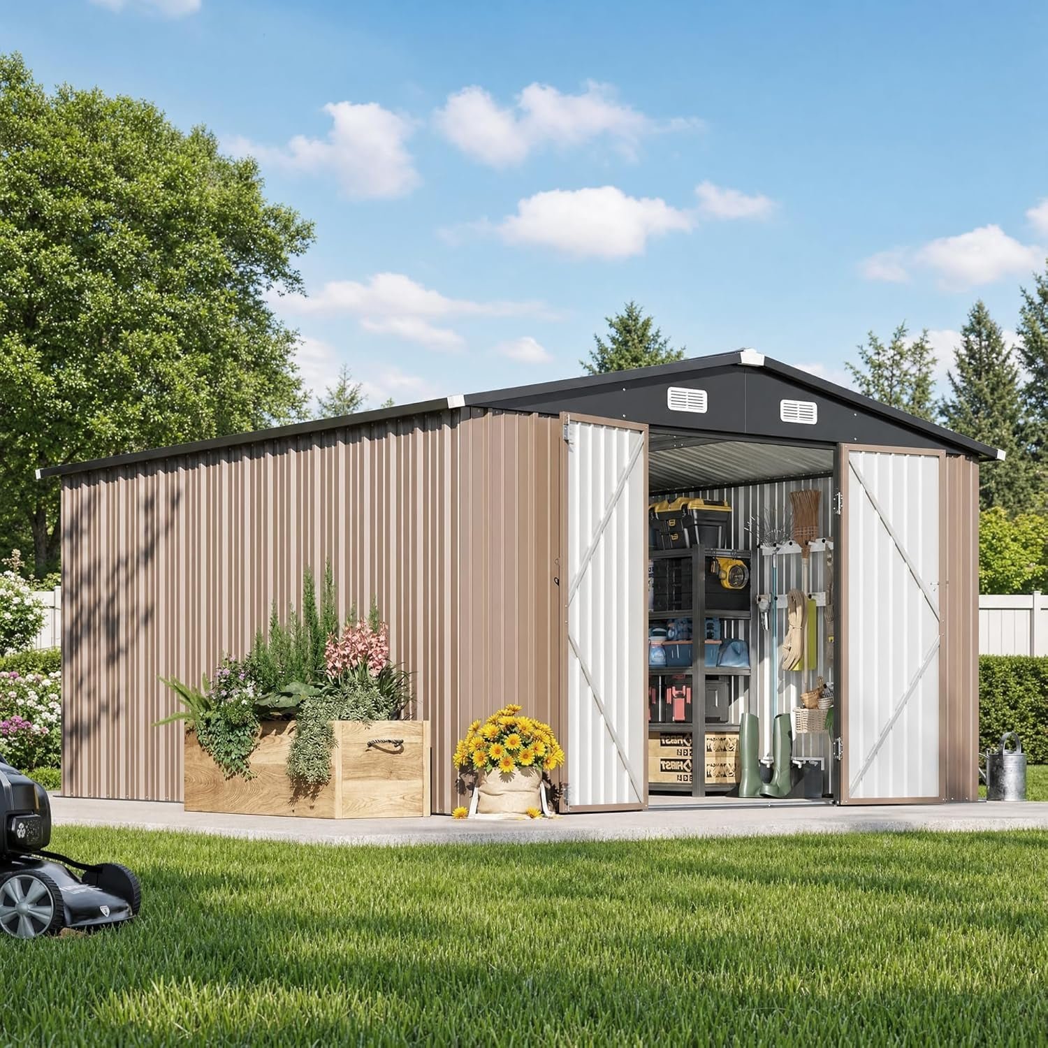 Aoxun 12×10 FT Outdoor Storage Shed – Metal Garden Shed with Double Hinged Doors for Lawn Tools, Bikes & Patio Furniture