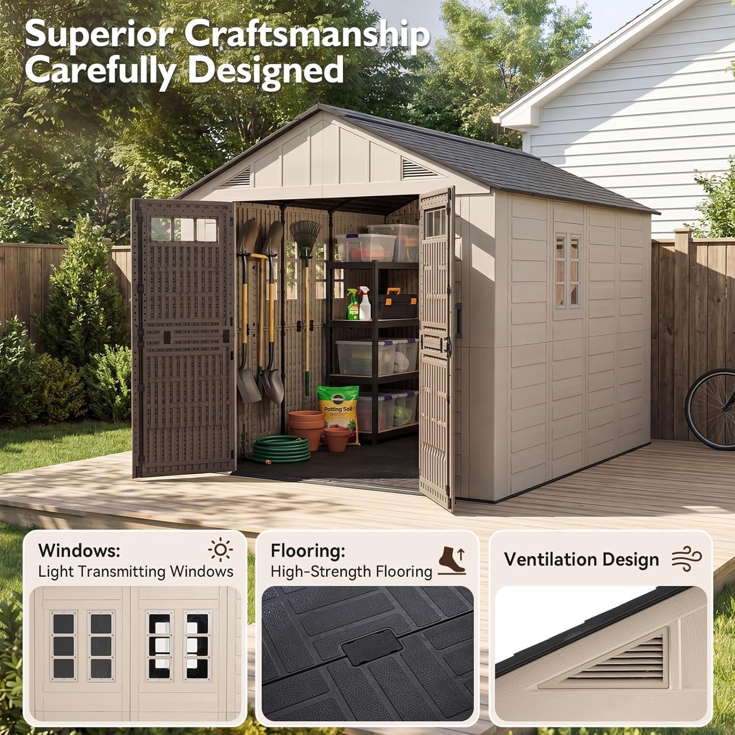 LazySunsets 8×10 FT Outdoor Storage Shed – Large Resin Shed with Floor, Windows & Lockable Door for Bike, Lawn Tools, Garbage Can - Image 5