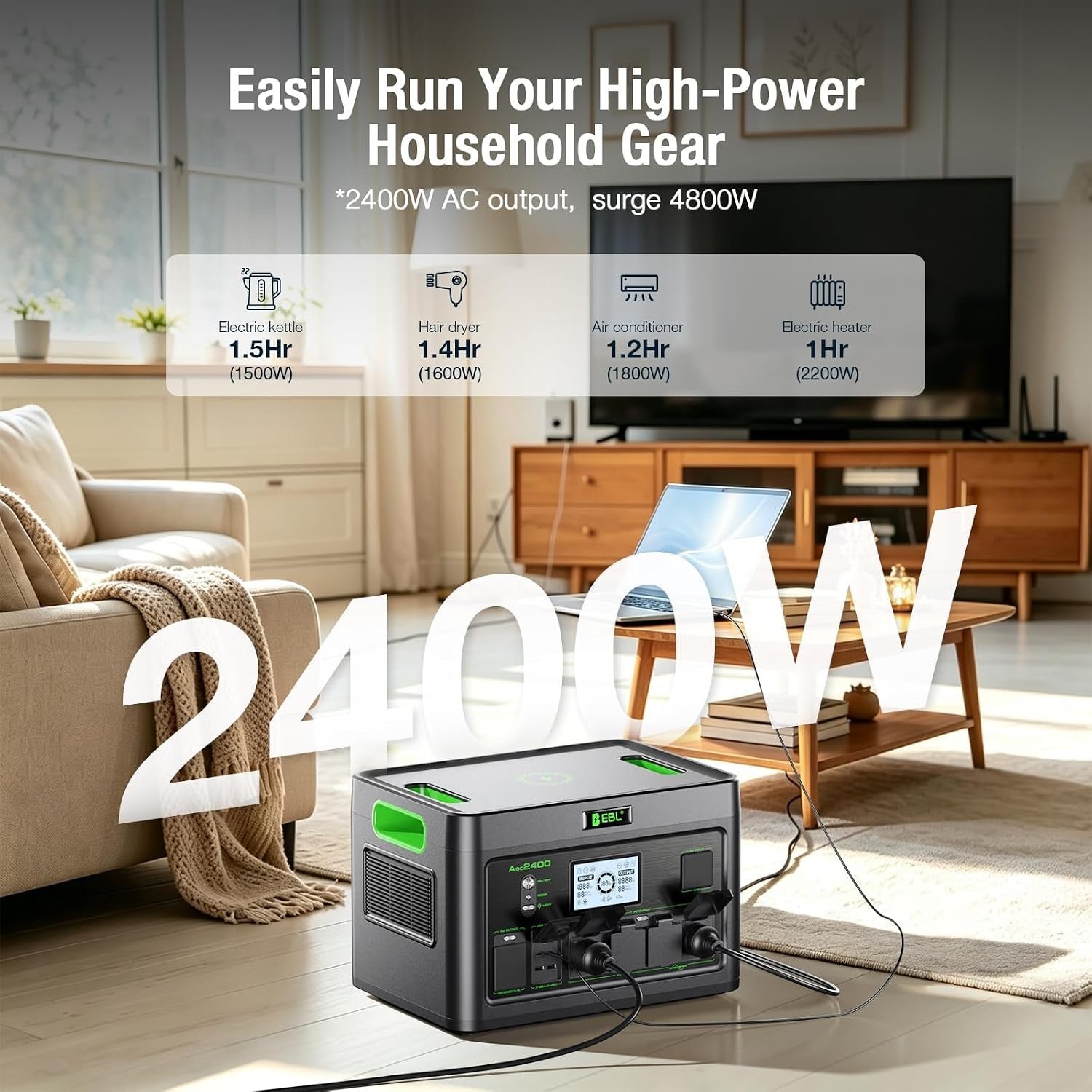 EBL Acc2400 Portable Power Station – 1843.2Wh LiFePO4 with 2400W Output & 12 Charging Ports – Acc2400 - Image 2