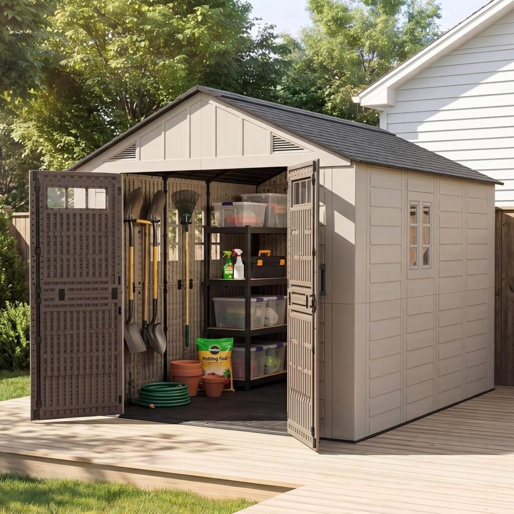 LazySunsets 8×10 FT Outdoor Storage Shed – Large Resin Shed with Floor, Windows & Lockable Door for Bike, Lawn Tools, Garbage Can