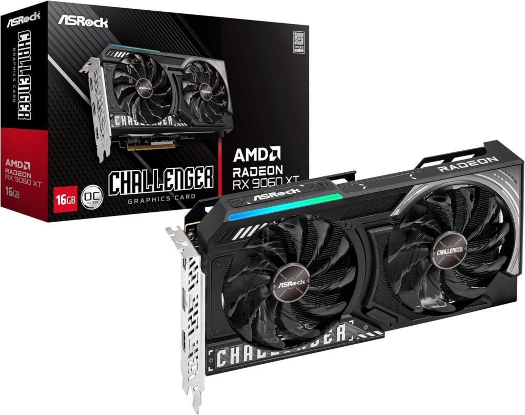 ASRock Radeon RX 9060 XT Challenger 16GB OC Graphics Card - 16GB GDDR6 with Dual Fans & 0dB Silent Cooling - RX9060XT CL 16GO
