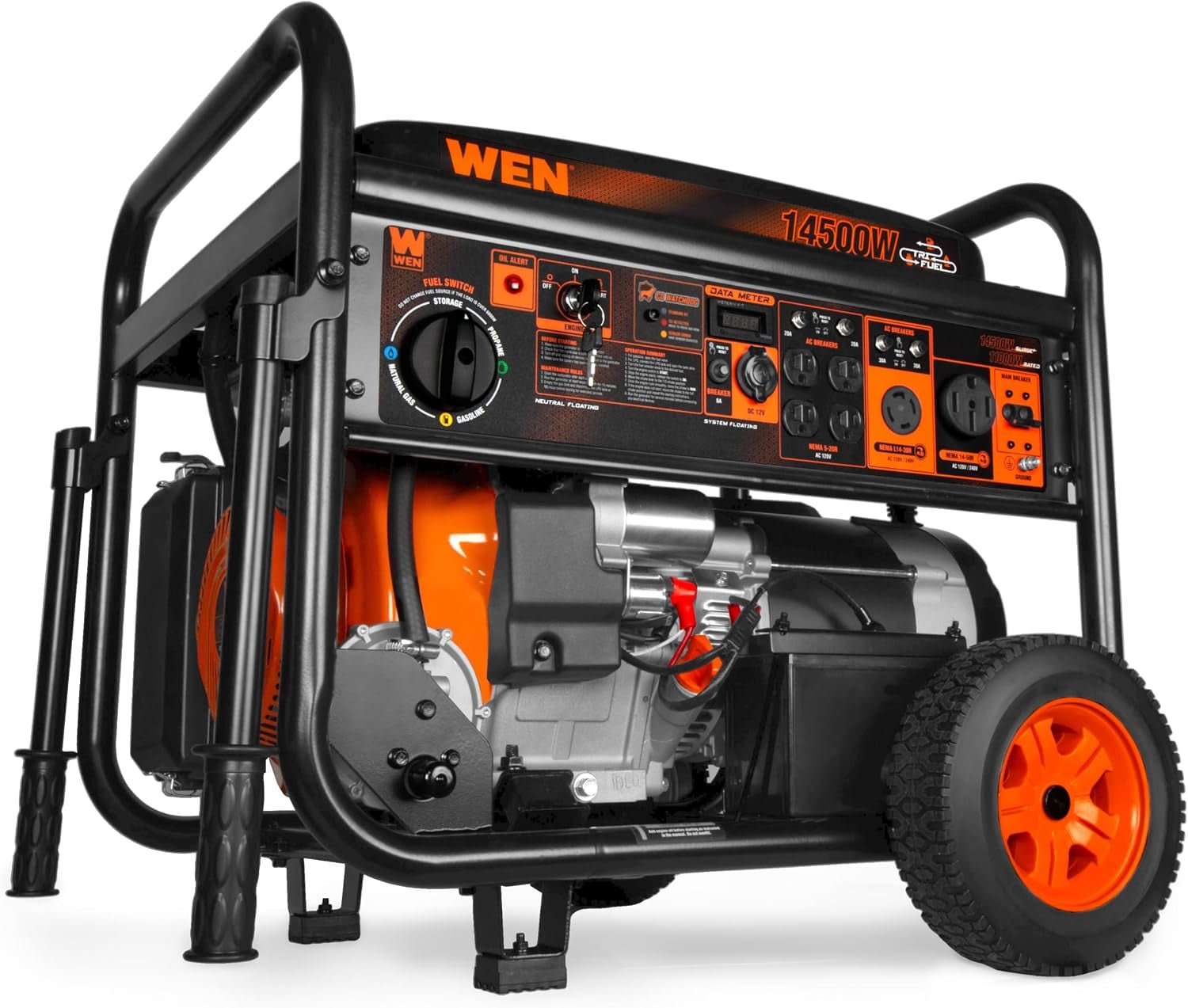 WEN TF-1450X Tri-Fuel Generator – 14,500W Gas/12,500W Propane/10,500W NG with Electric Start & CO Watchdog – TF-1450X