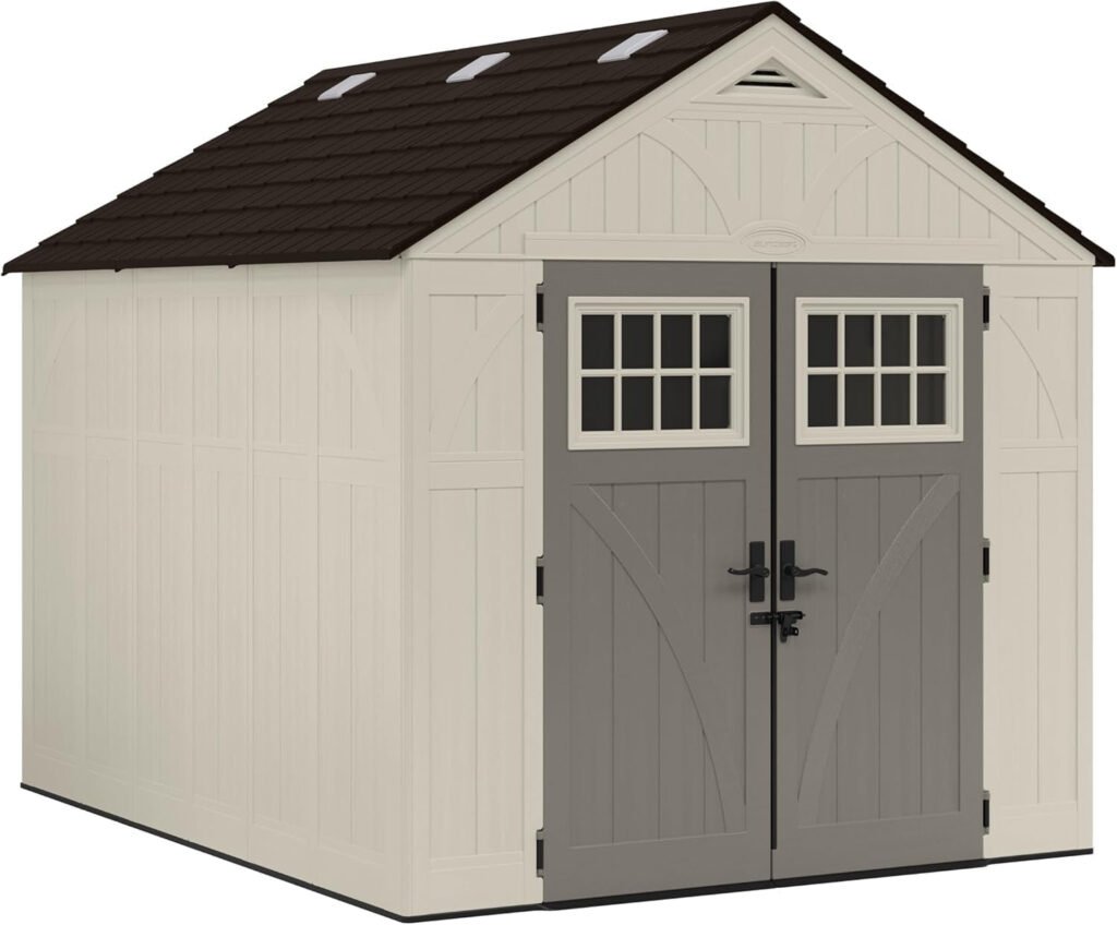 Suncast 8×10 FT Outdoor Storage Shed – Large Resin Shed with Floor, Lockable Double Doors & Skylights for Lawn Tools, Riding Mowers & Bikes