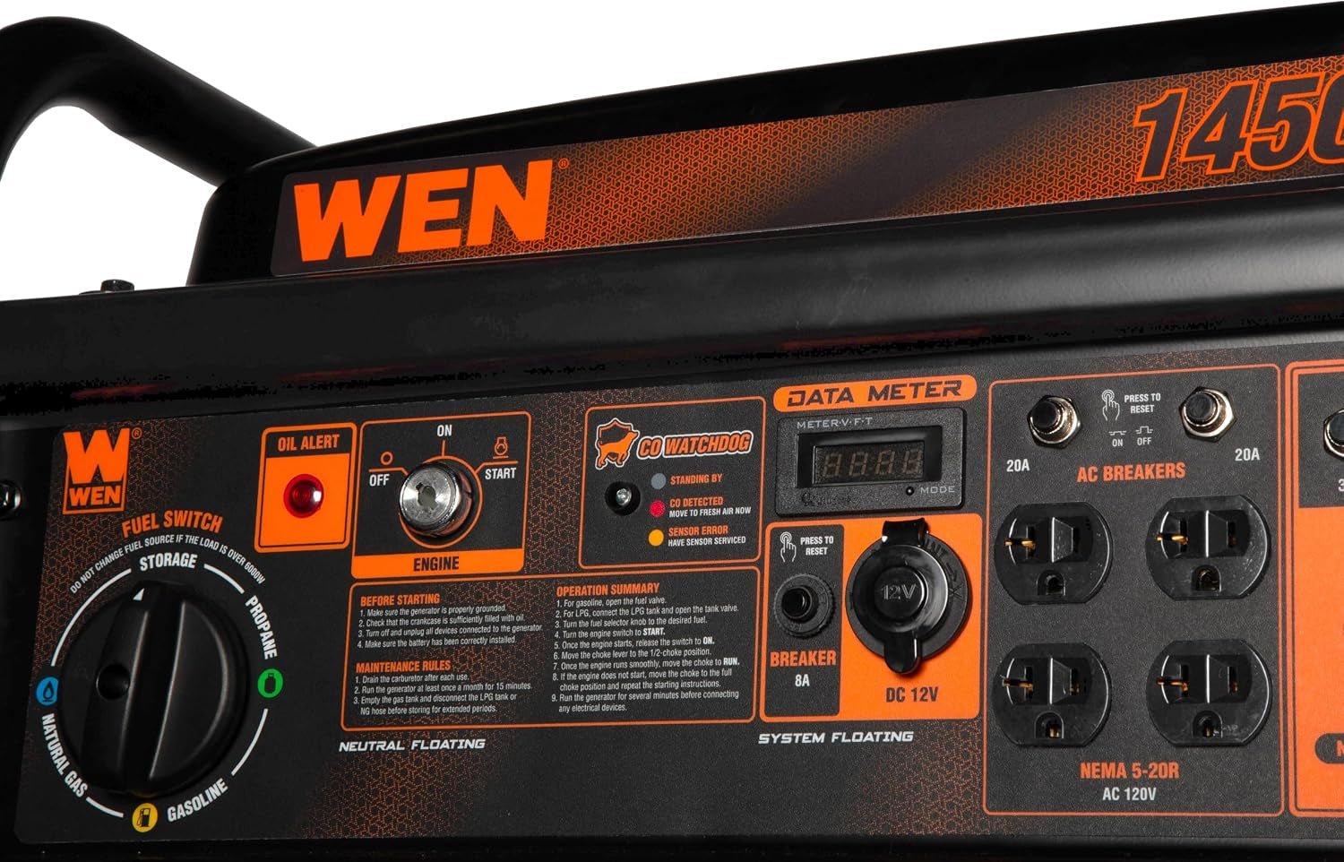 WEN TF-1450X Tri-Fuel Generator – 14,500W Gas/12,500W Propane/10,500W NG with Electric Start & CO Watchdog – TF-1450X - Image 3