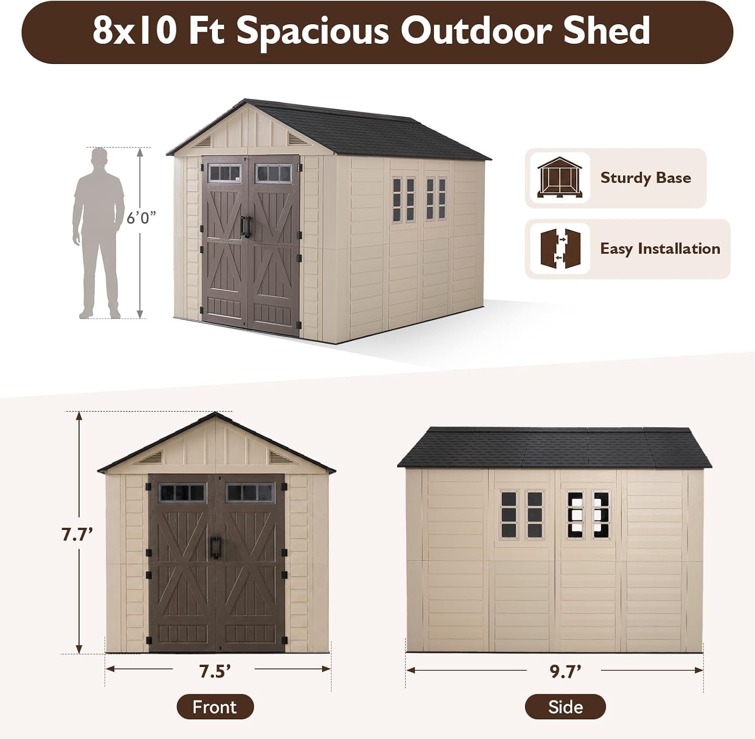 LazySunsets 8×10 FT Outdoor Storage Shed – Large Resin Shed with Floor, Windows & Lockable Door for Bike, Lawn Tools, Garbage Can - Image 7