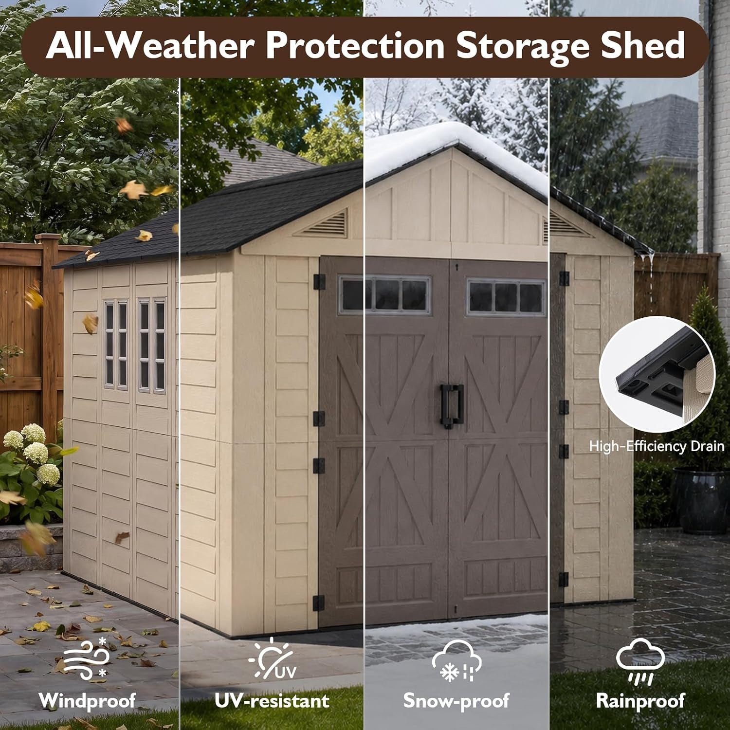 LazySunsets 8×10 FT Outdoor Storage Shed – Large Resin Shed with Floor, Windows & Lockable Door for Bike, Lawn Tools, Garbage Can - Image 3