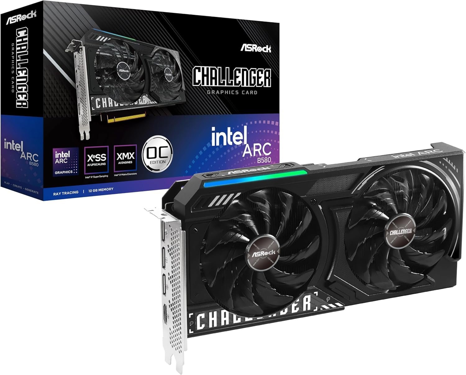 ASRock Intel Arc B580 Challenger 12GB OC Graphics Card – 2740 MHz Boost with Dual Fan Cooling & 0dB Silent Operation – B580 CL 12GO