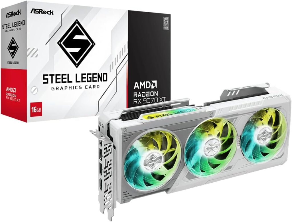 ASRock Radeon RX 9070 XT Steel Legend 16GB Graphics Card – AMD RDNA 4, 2970 MHz Boost, GDDR6, PCIe 5.0, Triple Fan, Polychrome SYNC