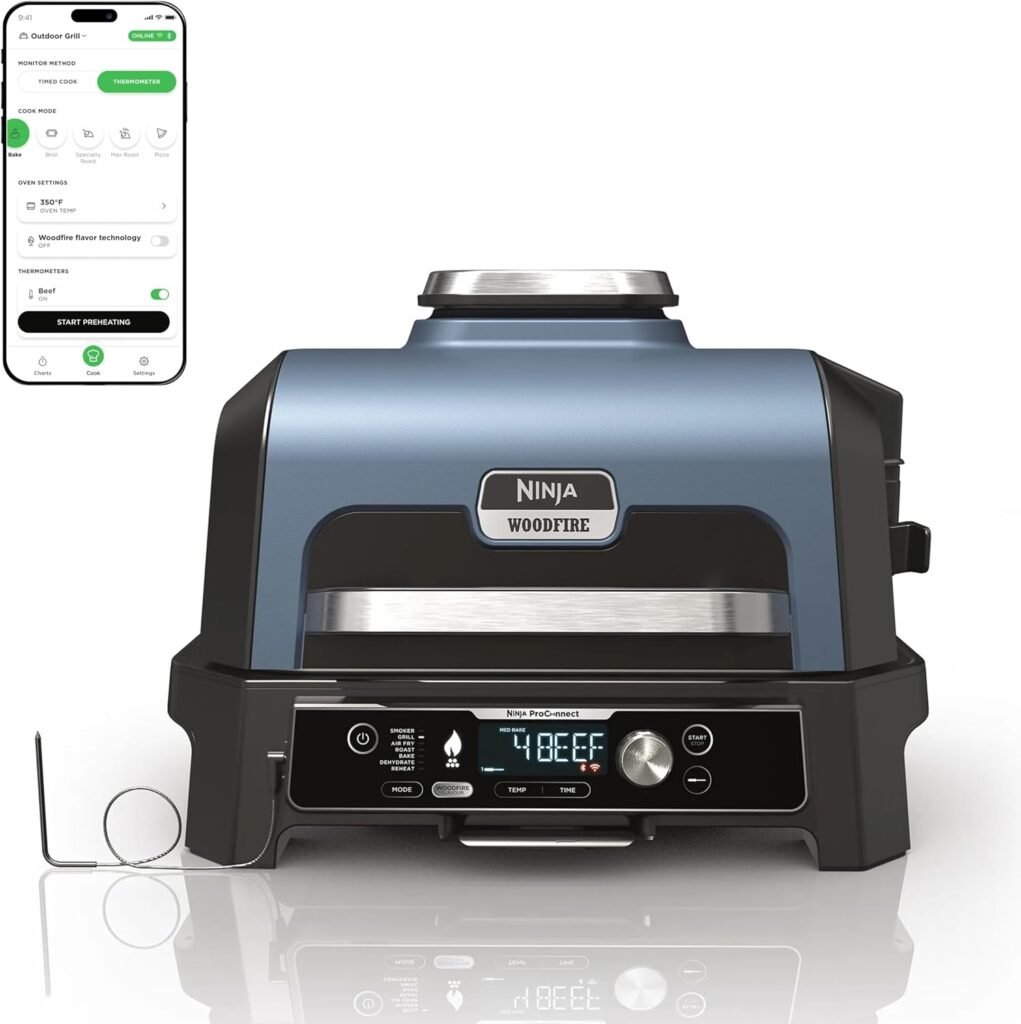 Ninja Woodfire ProConnect Premium XL 7-in-1 Outdoor Grill & Smoker – App Enabled with Woodfire Technology & 2 Built-In Thermometers – OG951