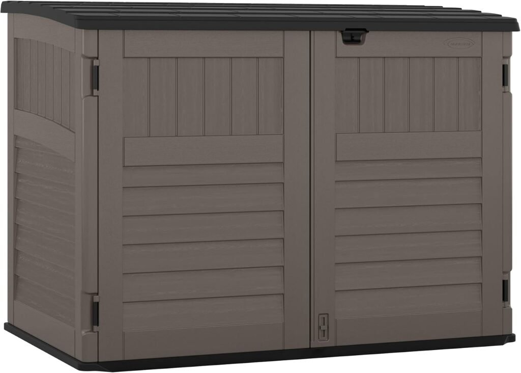 Suncast Horizontal Stow-Away Storage Shed – 70 cu ft Resin Shed with Hinged Lid & Lockable Doors for Trash Cans, Bikes & Yard Tools