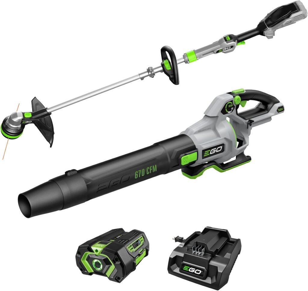 EGO Power+ ST6703LB Combo Kit – 15″ Cordless String Trimmer with POWERLOAD & 670 CFM Leaf Blower with 56V 4.0Ah Battery and Charger
