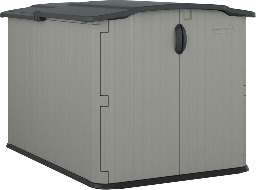 Suncast Horizontal Storage Shed – 98 cu ft Resin Shed with Sliding Lid & Lockable Doors for Bikes, Mowers & Patio Furniture