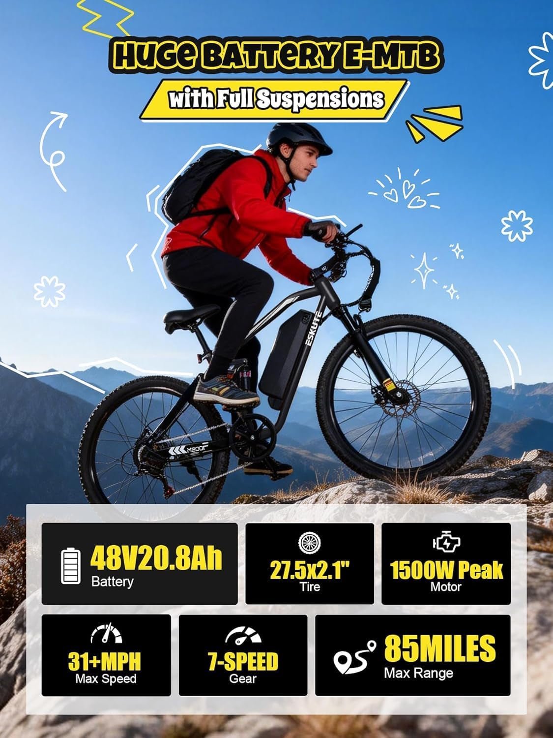 ESKUTE M200F Electric Bike – 1500W Peak Motor with 48V 20.8Ah Battery & 80 Mile Range – M200F - Image 2