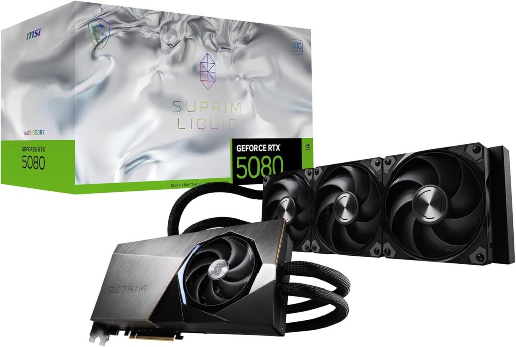 MSI GeForce RTX 5080 16G SUPRIM LIQUID SOC Graphics Card – 16GB GDDR7 with 360mm Liquid Cooling & Extreme Performance 2760 MHz – G5080-16SLS