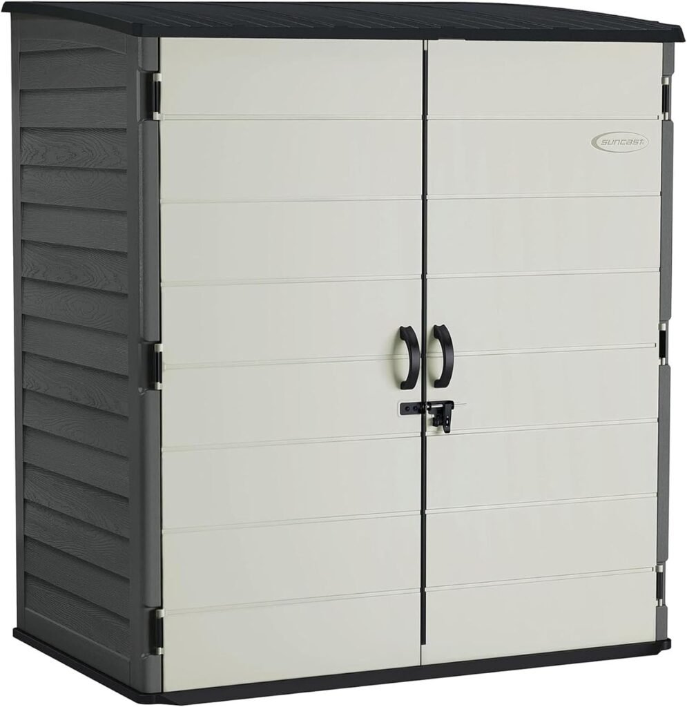 Suncast XL Vertical Storage Shed – 106 Cu Ft Resin Shed with Lockable Doors for Garden Tools, Trash Cans & Push Mowers