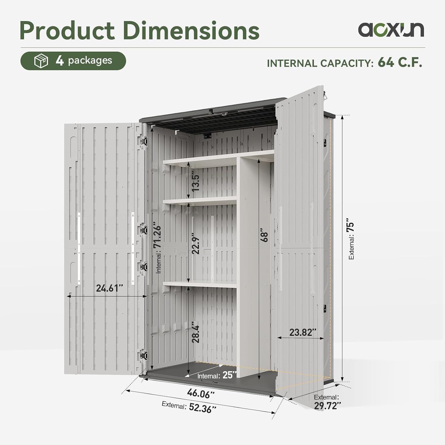 Aoxun Resin Storage Shed – 64 cu ft Outdoor Shed with Metal Shelving Kit, Floor & 4-Door Design for Garden Tools & Equipment - Image 6