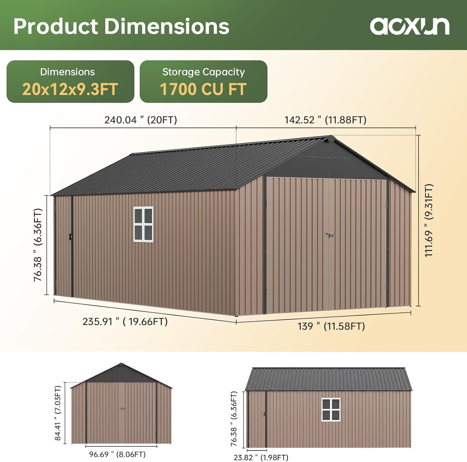 Aoxun 12x20x9.3 FT Metal Storage Shed – 1700 cu ft Outdoor Garage with Double Doors, Side Door & Windows for Vehicles & Garden Tools - Image 2