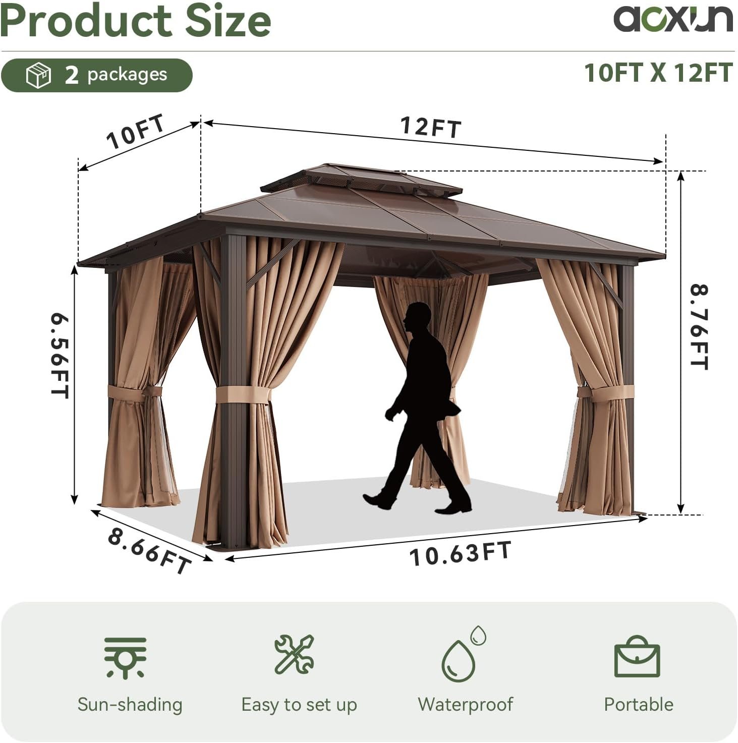 Aoxun 12×10 FT Hardtop Gazebo – Polycarbonate Double Roof with Curtains & Netting for Patio, Backyard & Outdoor Gatherings - Image 4