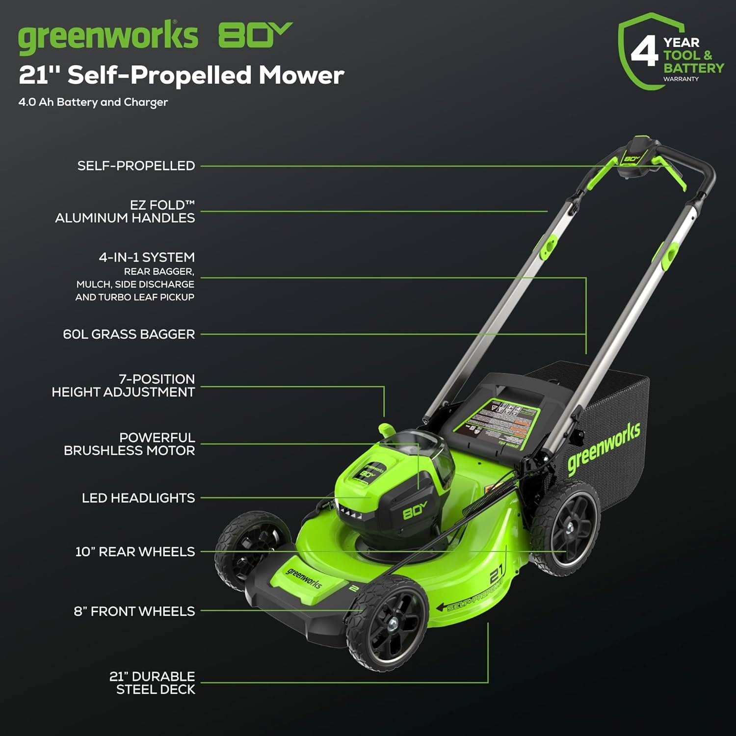 Greenworks 80V 21″ Self-Propelled Lawn Mower – Cordless Electric Mower with 4.0Ah Battery & Charger, Brushless Motor, LED Headlight for Lawn Care - Image 2