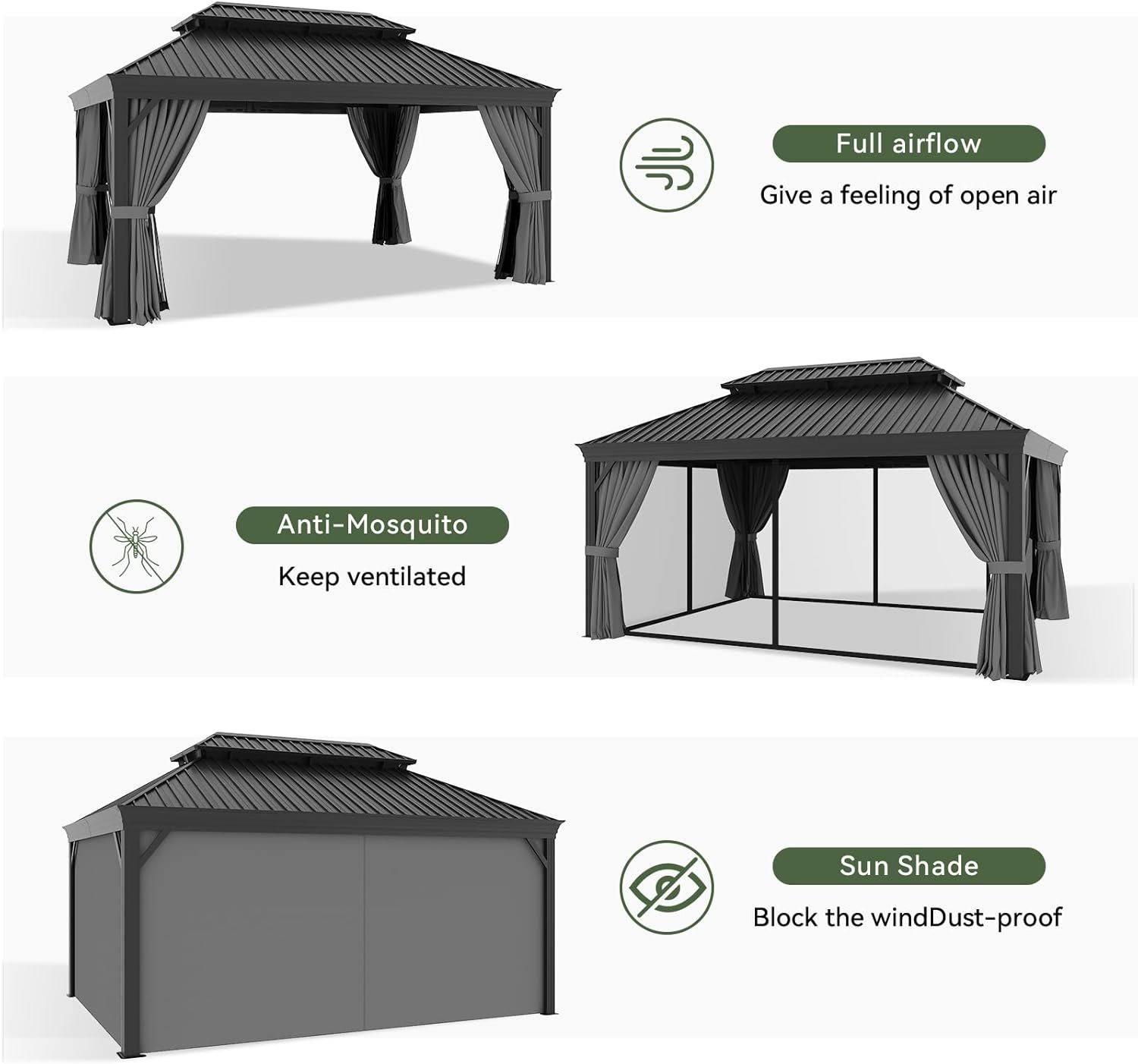 Aoxun 12×16 FT Hardtop Gazebo – Aluminum Outdoor Gazebo with Drainage System, Double Roof & Netting for Patio, Backyard & Gatherings - Image 8