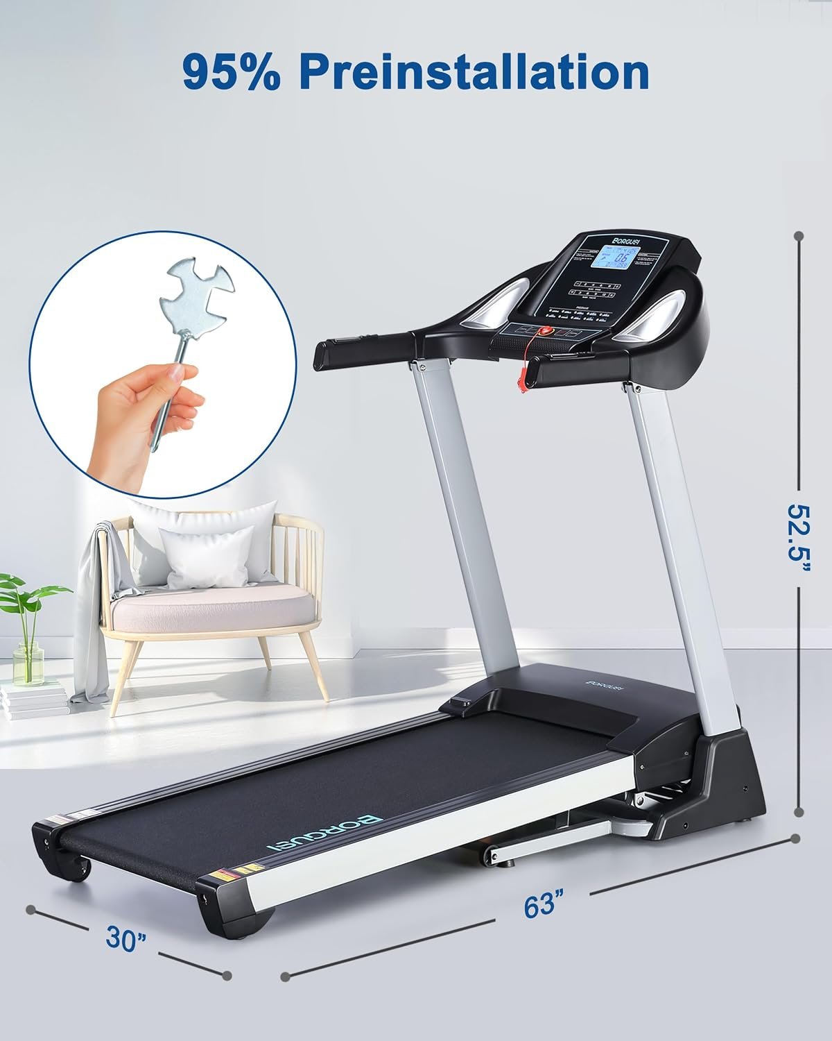 BORGUSI CTM5104L Treadmill – 15% Auto Incline with 20″ Wide Belt & 350 lb Capacity – CTM5104L - Image 4