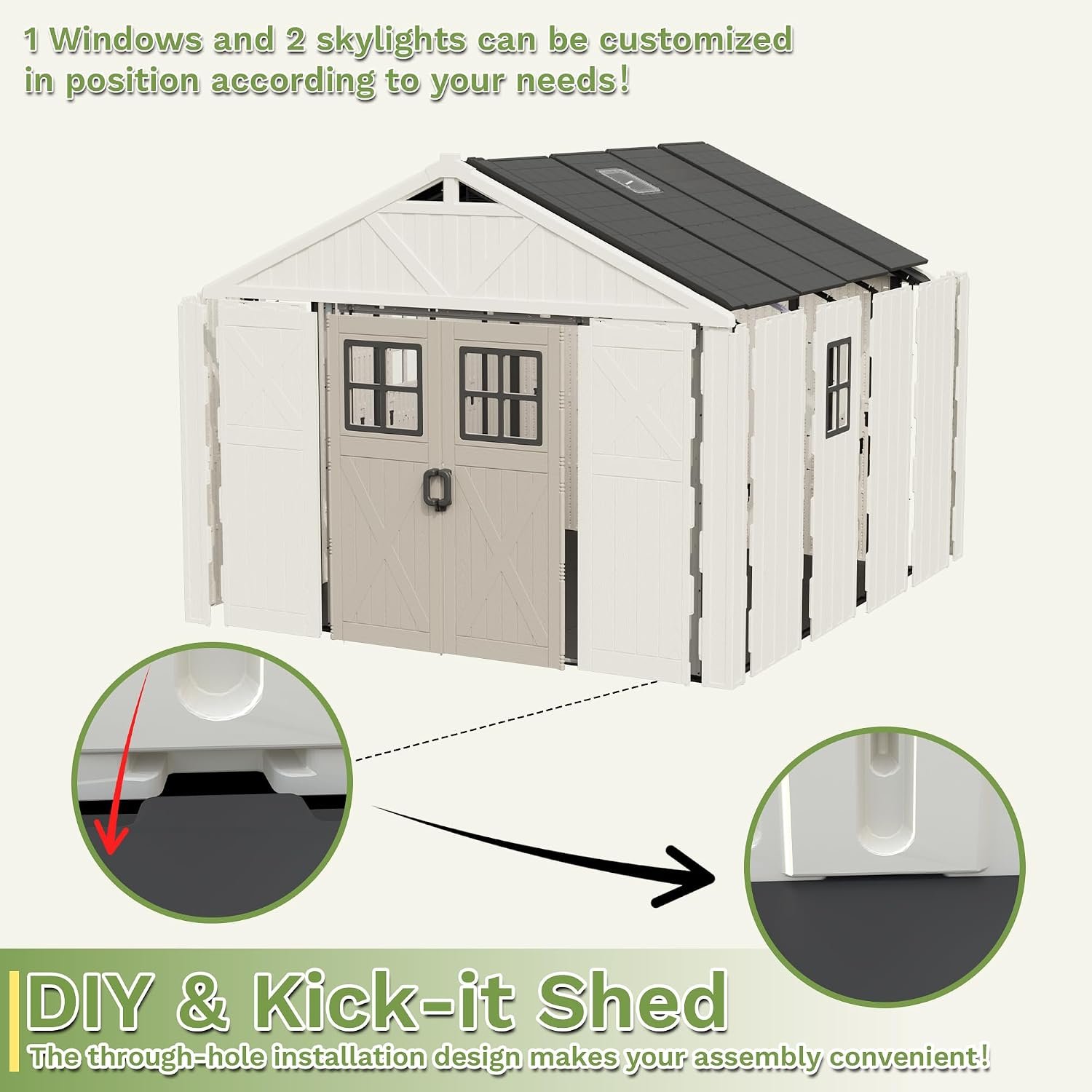 Greesum 10×8 FT Outdoor Storage Shed – Resin Shed with Floor, 3 Windows & Skylights for Garden Tools, Patio & Backyard Storage - Image 5