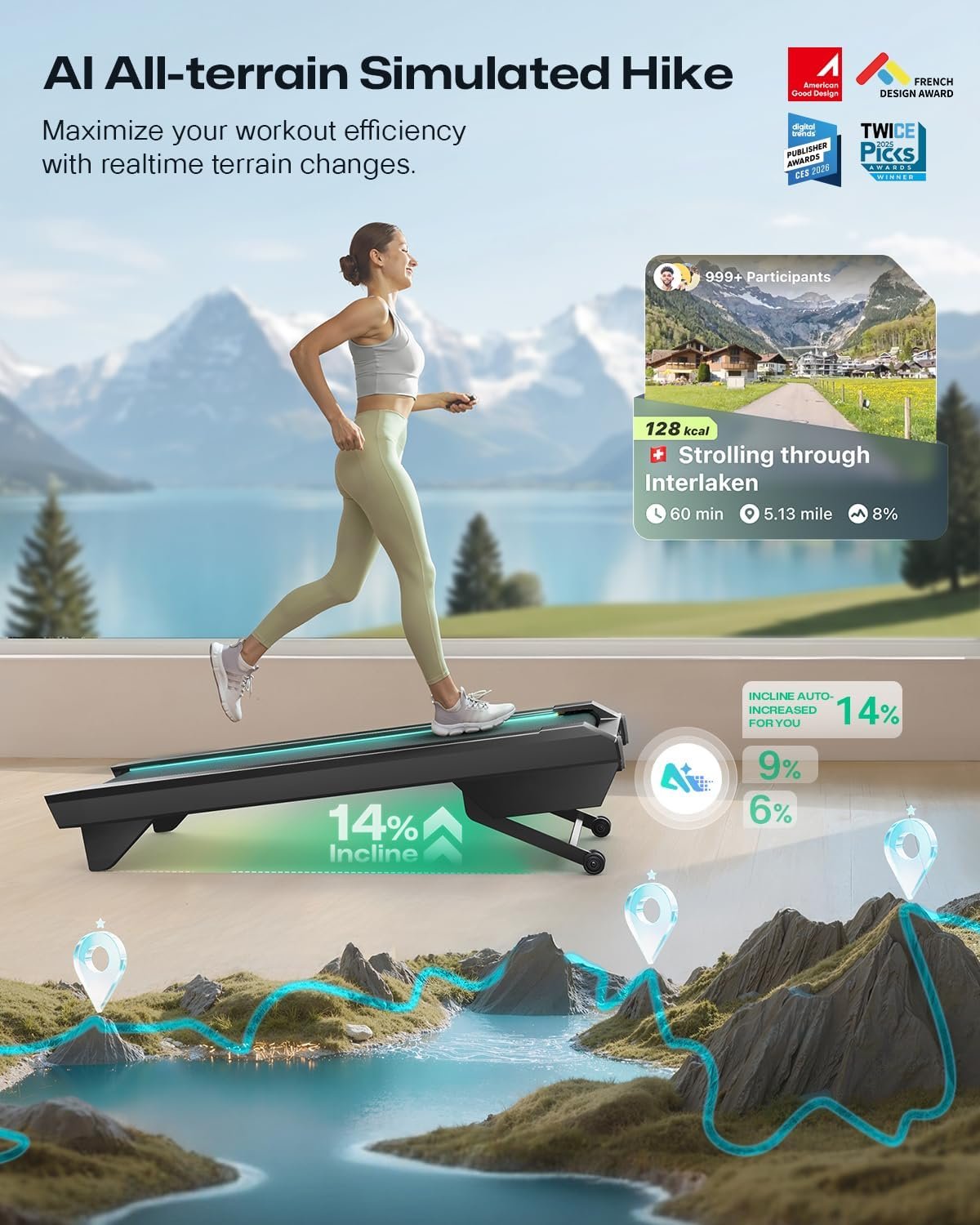 UREVO CyberPad Smart Walking Pad with 14% Auto Incline & Brushless Motor – URTM051 - Image 4