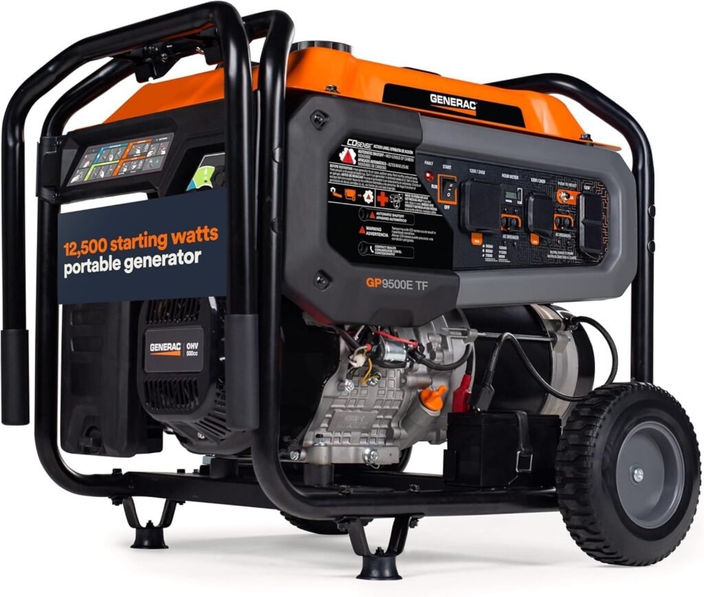 Generac GP9500E Tri-Fuel Portable Generator – 12,500W Gas/11,250W Propane/9,000W NG with Electric Start & COsense – G0080631