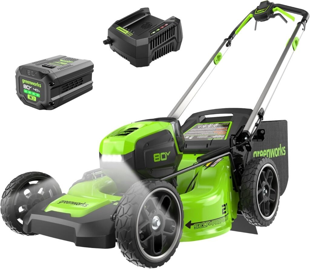 Greenworks 80V 21″ Self-Propelled Lawn Mower – Cordless Electric Mower with 4.0Ah Battery & Charger, Brushless Motor, LED Headlight for Lawn Care