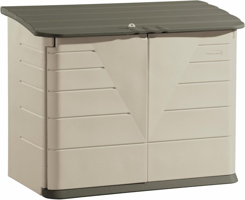 Rubbermaid Large Horizontal Resin Storage Shed – 5×4 FT Outdoor Shed with Floor, Sliding Doors & UV Protection for Patio Cushions, Garden Tools & Pool Chemicals