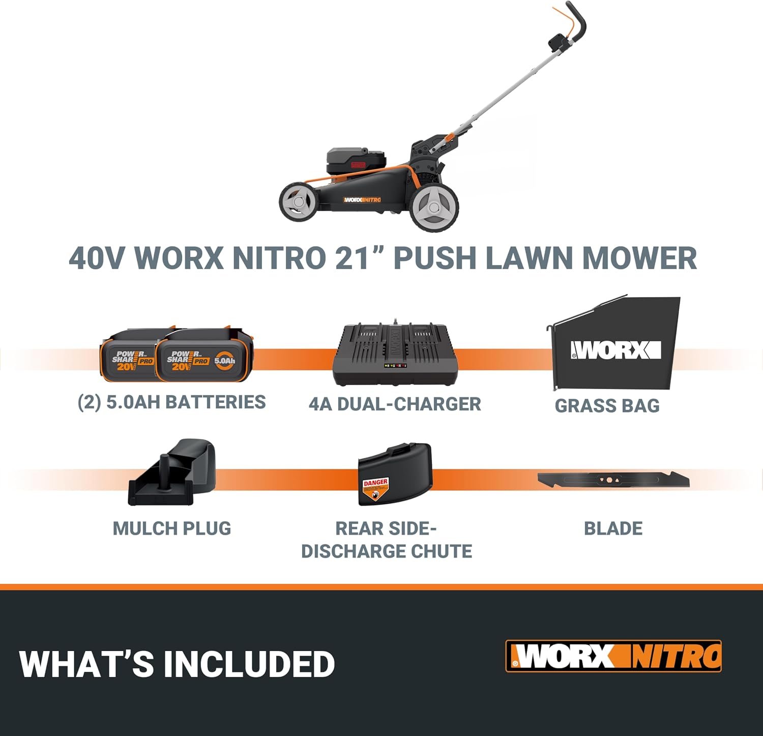 WORX 40V 21″ Push Cordless Lawn Mower with (2) 5.0Ah Batteries – WG752 - Image 8