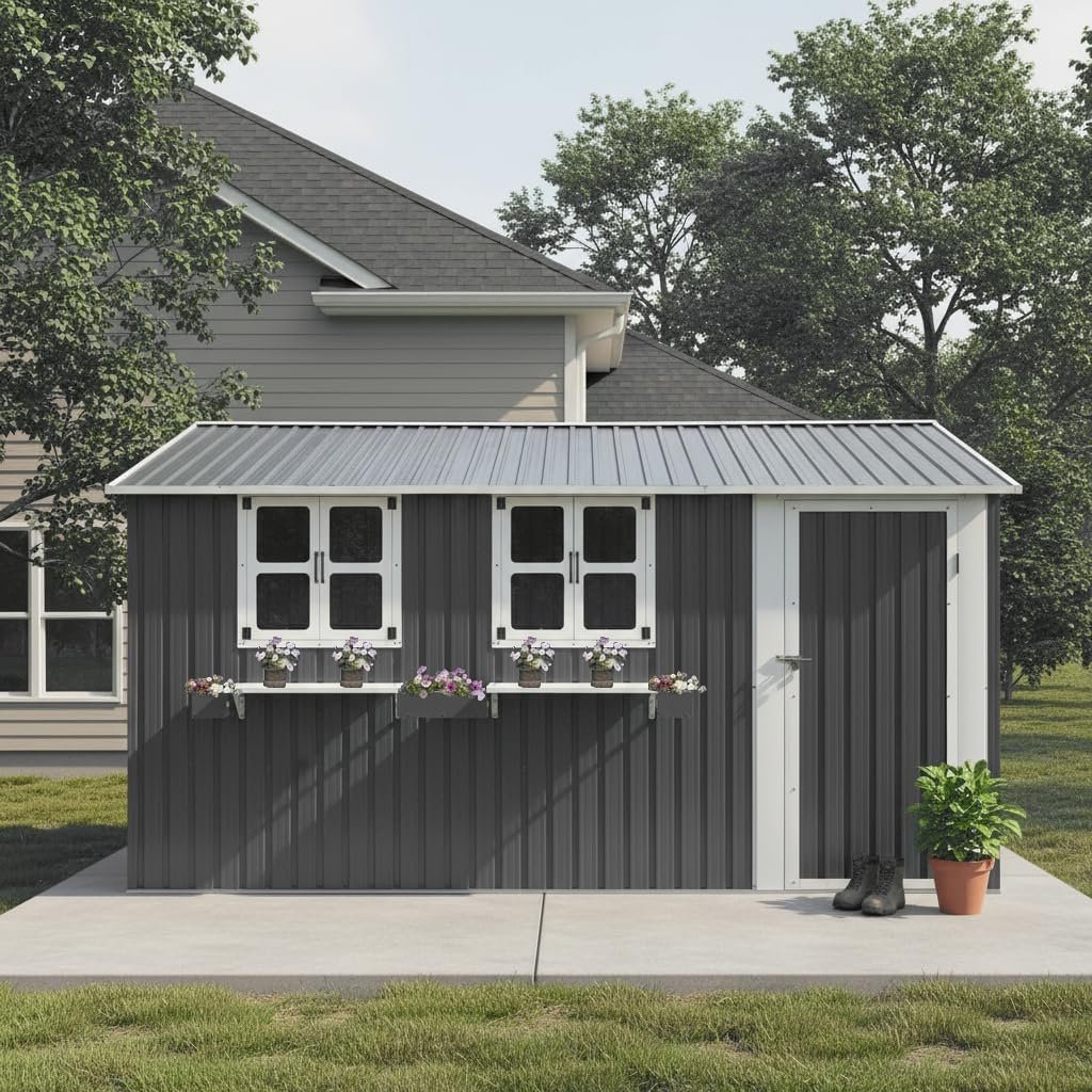 KEIKI 12×10 FT Outdoor Metal Storage Shed – Heavy Duty Steel Shed with 3 Clear Windows, Flower Rack & Lockable Door for Backyard, Garden & Patio
