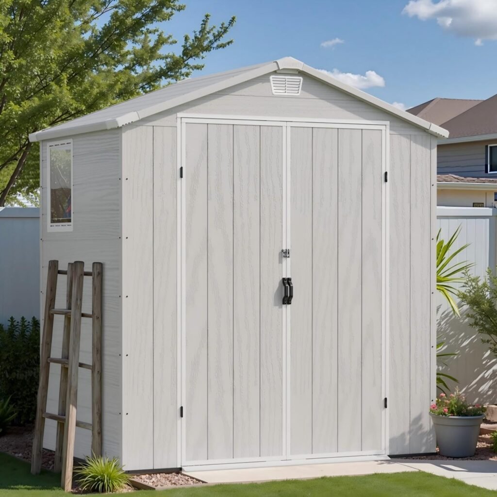 Patiowell 6×4 FT Outdoor Storage Shed – Plastic Resin Shed with Floor, Lockable Door & UV Protection for Garden Tools, Bikes & Lawn Equipment