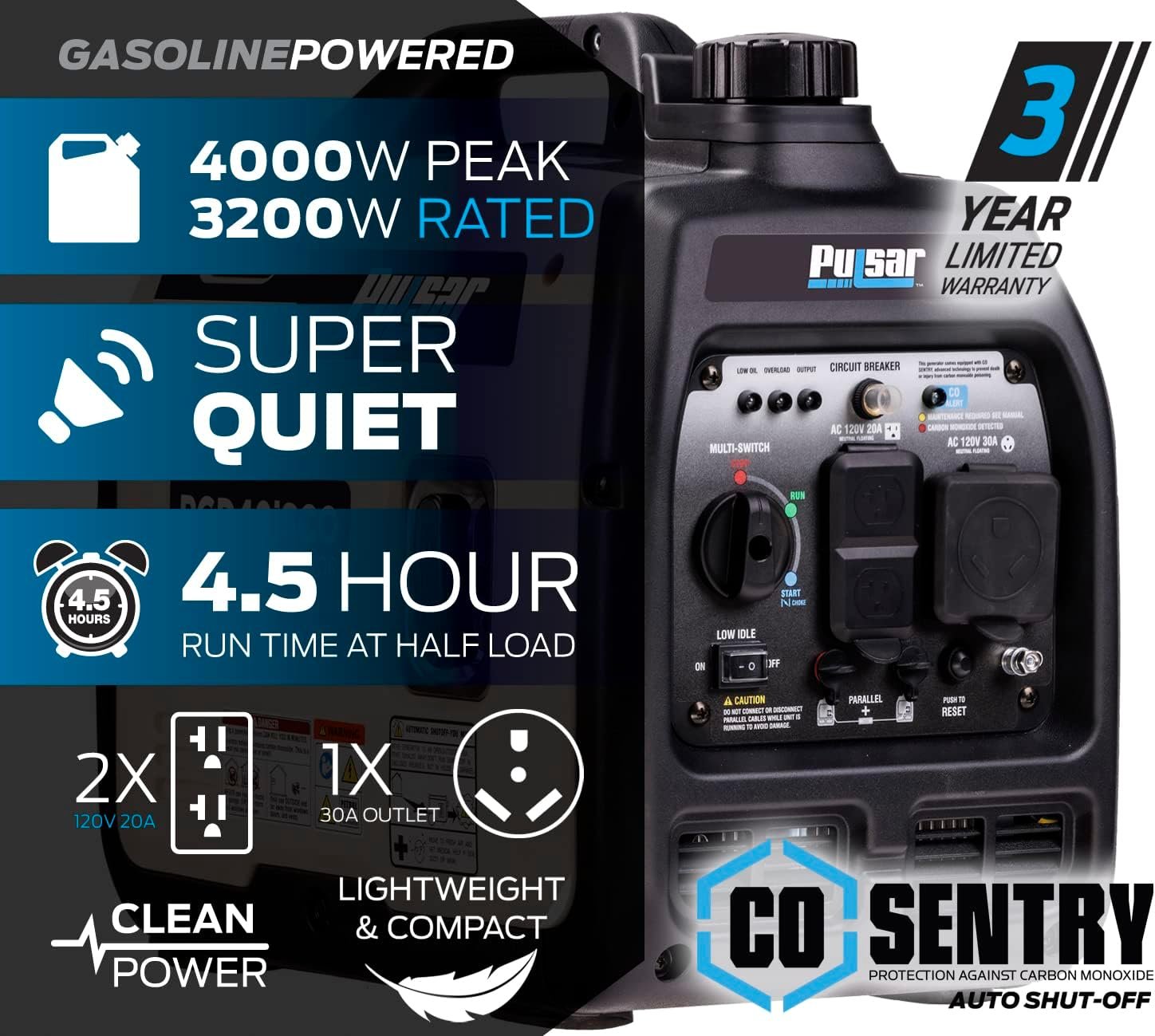 Pulsar PGD40iSCO Portable Inverter Generator – 4,000W Peak/3,200W Running with CO Sentry & RV Outlet – PGD40iSCO - Image 2