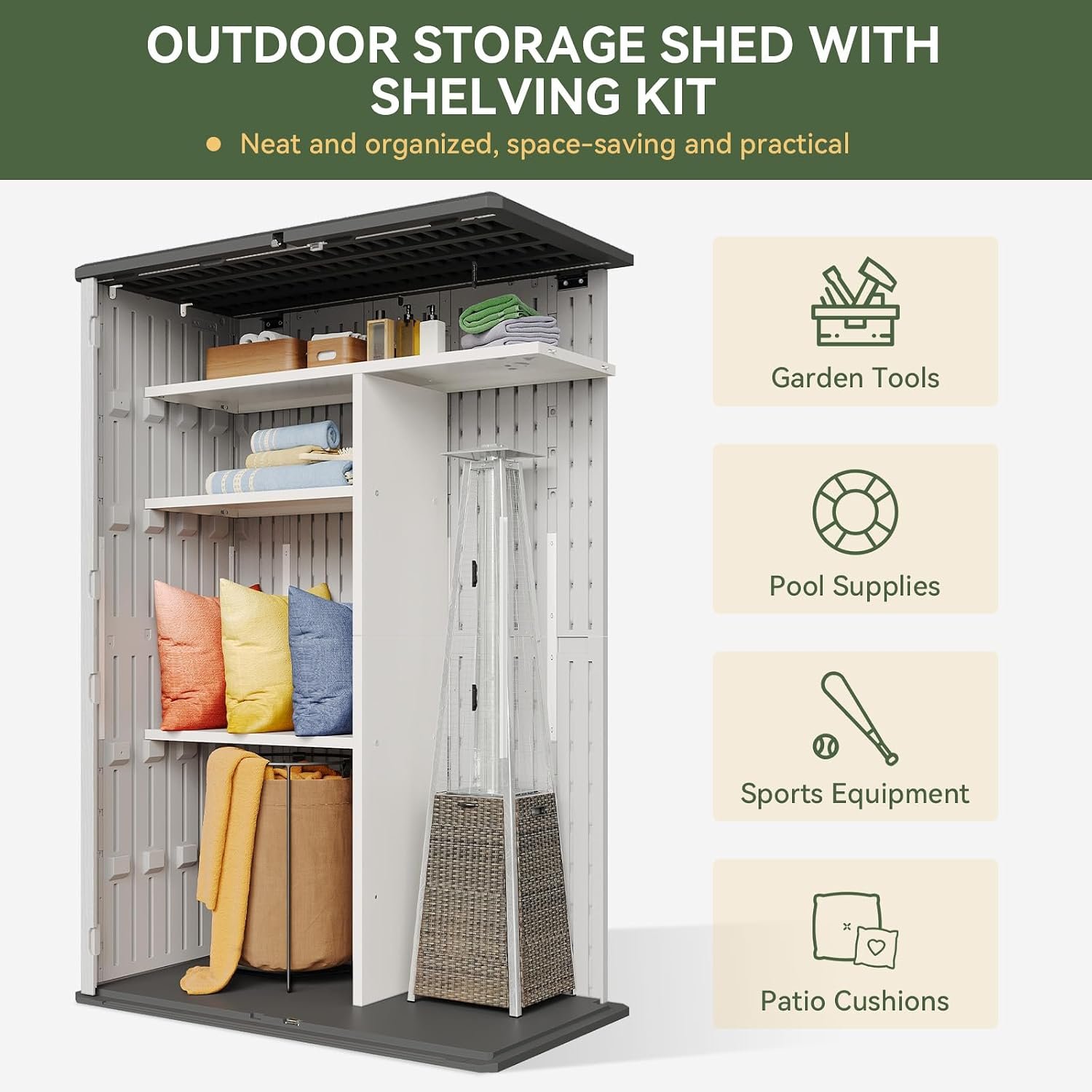Aoxun Resin Storage Shed – 64 cu ft Outdoor Shed with Metal Shelving Kit, Floor & 4-Door Design for Garden Tools & Equipment - Image 4
