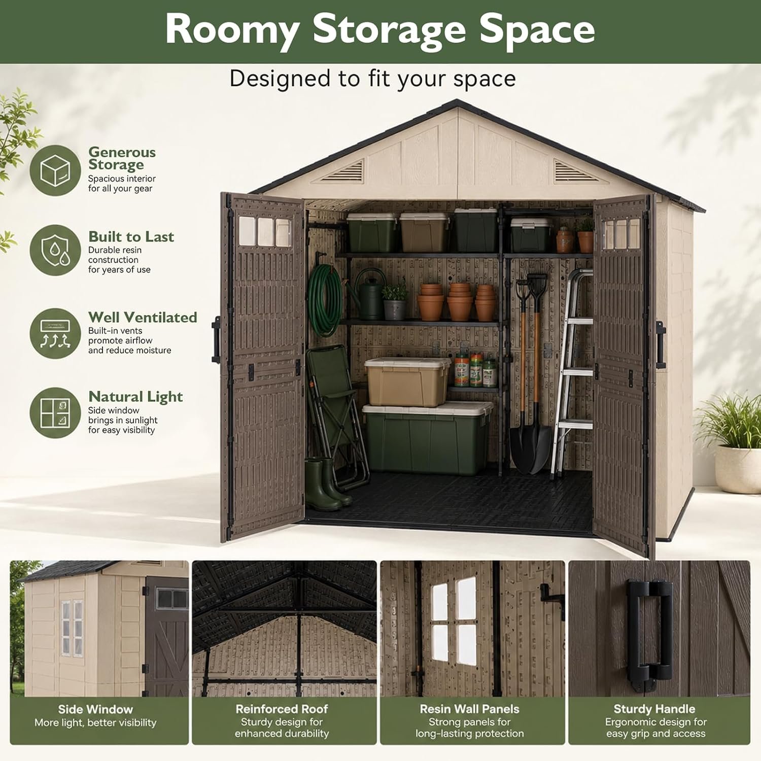 Aoxun 8×6 Ft Outdoor Storage Shed with Floor – Large Resin Shed with Lockable Door & Windows for Lawn Tools, Pool Supplies & Bikes - Image 8