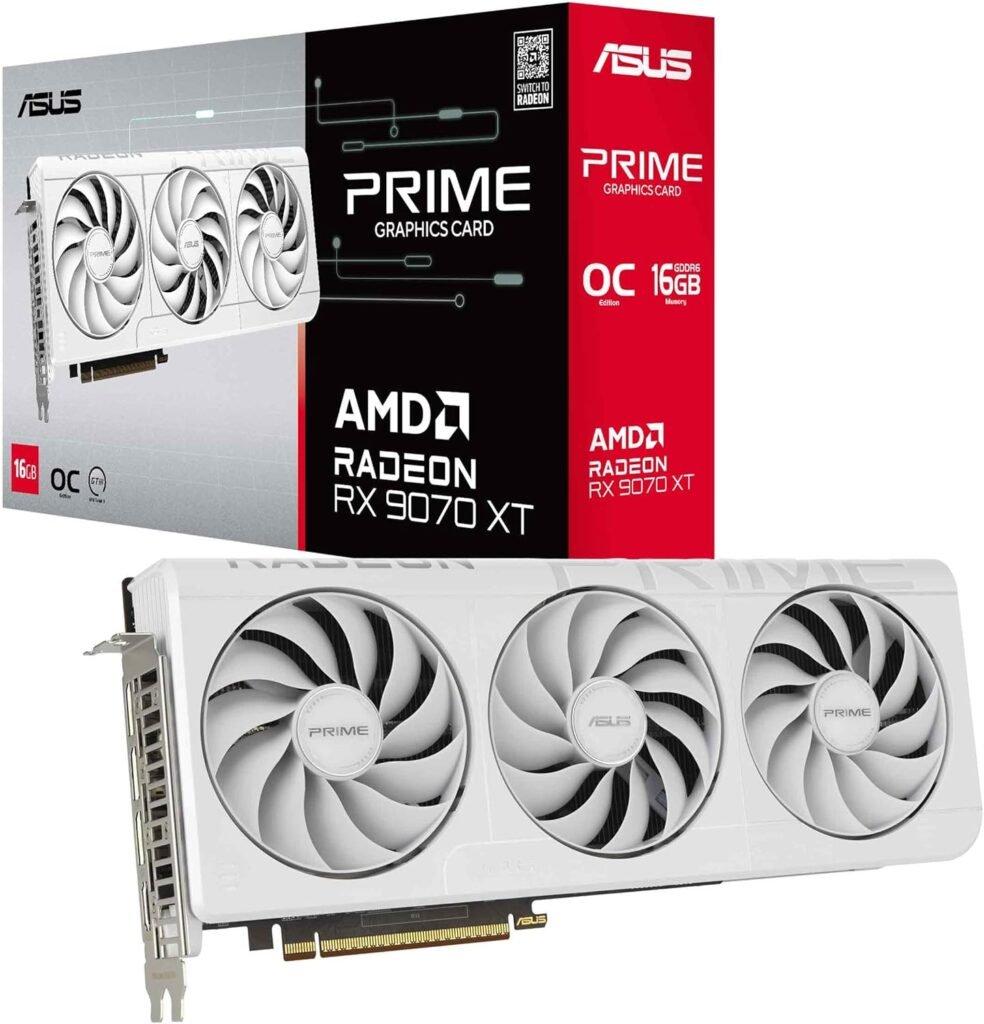 ASUS Prime Radeon RX 9070 XT White OC Edition Graphics Card – 16GB GDDR6 with Axial-Tech Fans & Dual BIOS – RX9070XT-O16G-WHITE