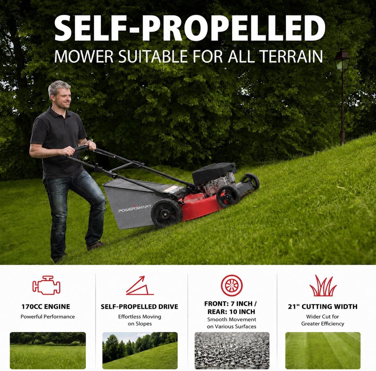 PowerSmart 21″ Gas Self-Propelled Lawn Mower with 170cc Engine & 3-in-1 Cutting – V8721S1-2 - Image 4