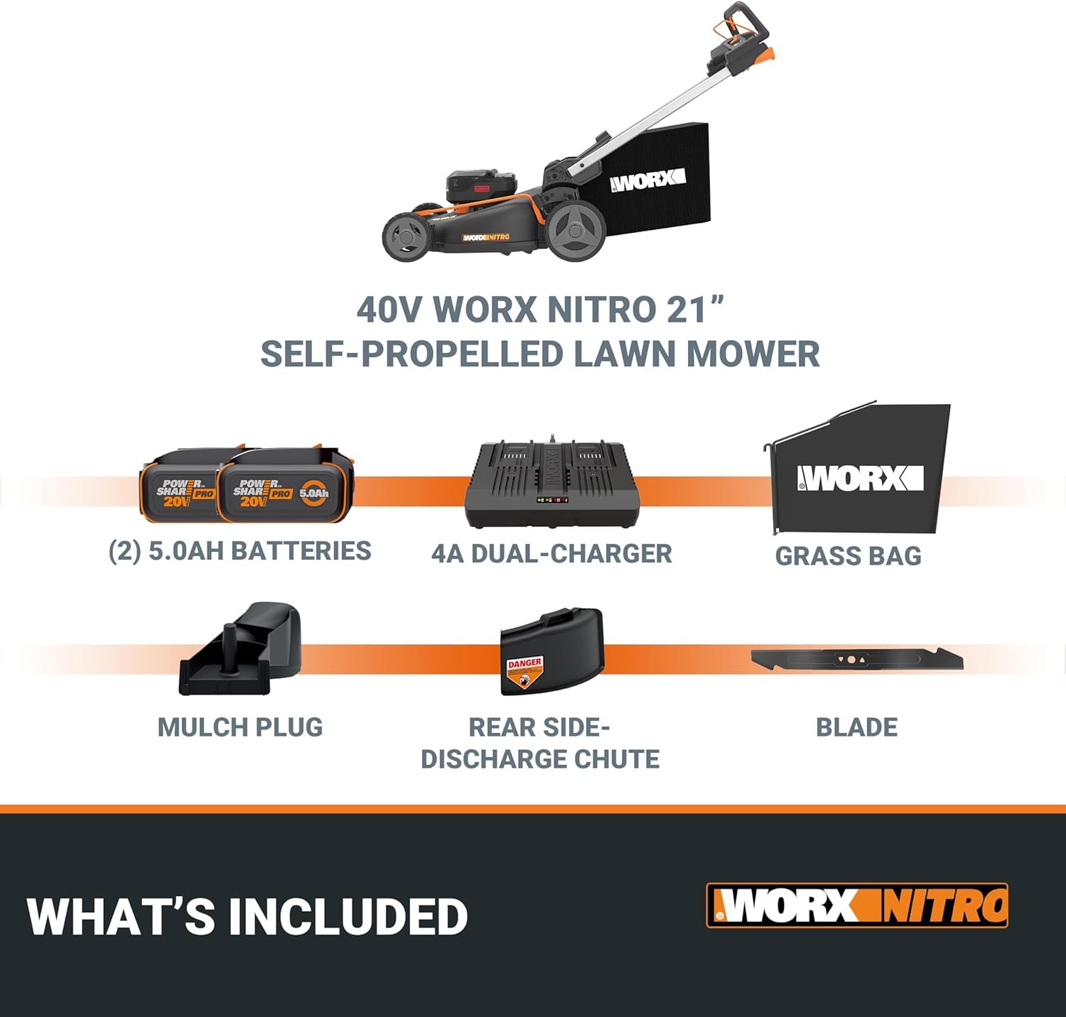 WORX 40V 21″ Self-Propelled Cordless Lawn Mower with (2) 5.0Ah Batteries – WG760 - Image 6