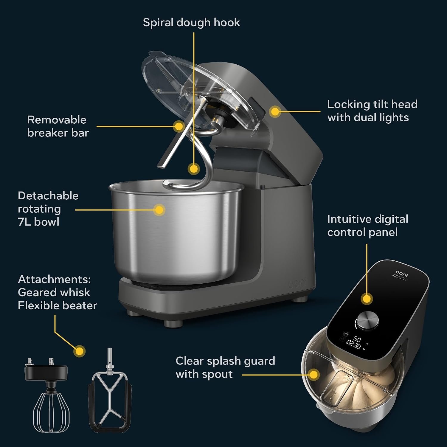 Ooni Halo Pro Spiral Mixer – 7.3 Qt Dough Stand Mixer with 58 Speed Settings & Four Attachments – UU-P31300 - Image 2