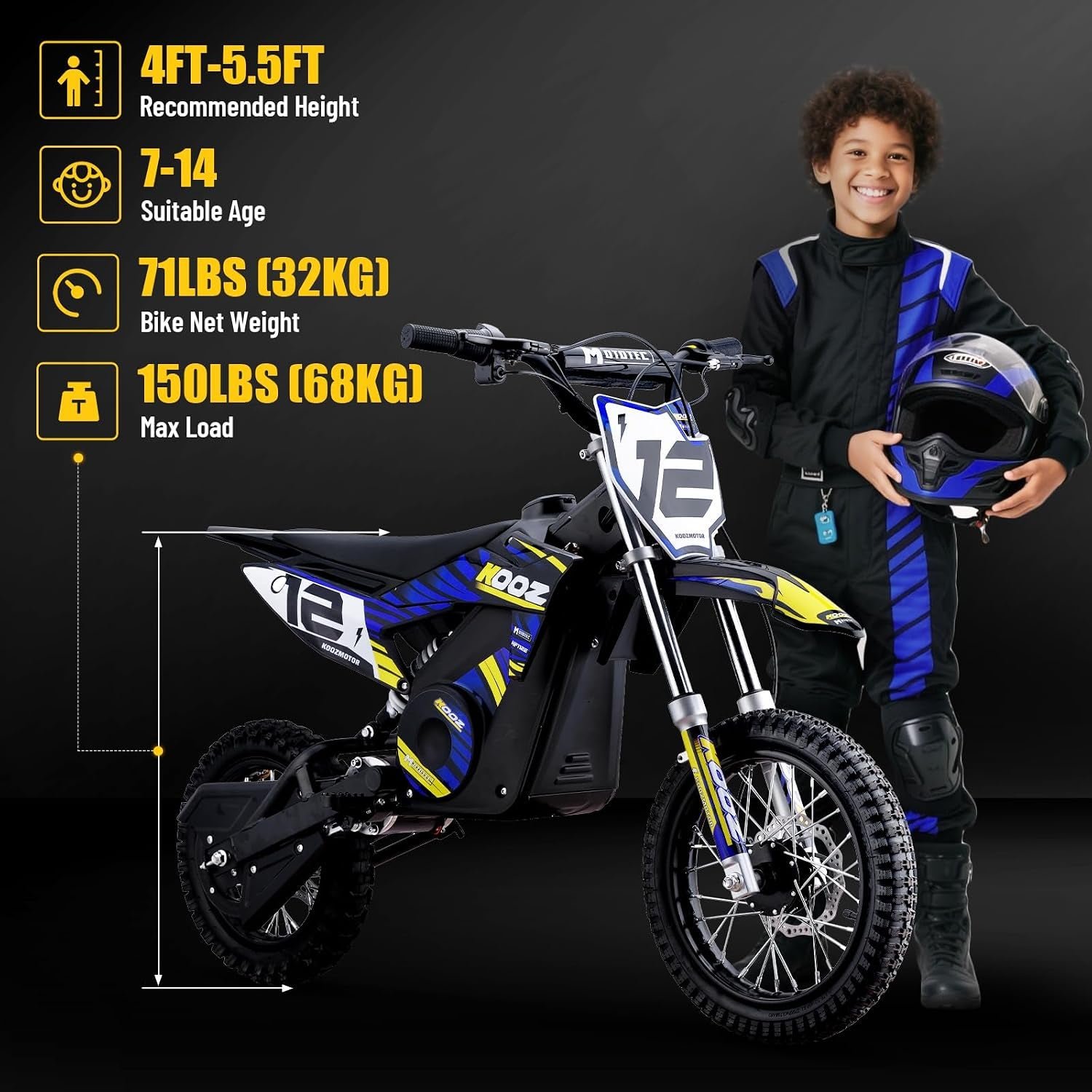 KOOZ HP112E PRO Electric Dirt Bike – 1000W Motor with 36V Battery & 20 MPH for Kids – HP112E PRO - Image 7