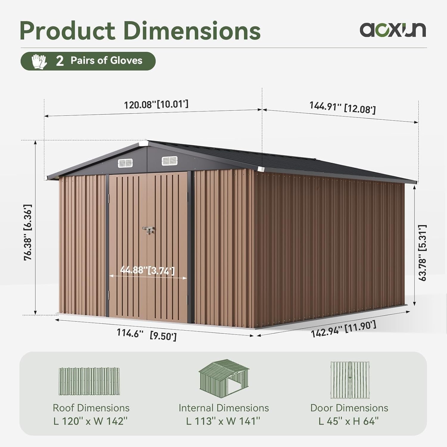 Aoxun 12×10 FT Outdoor Storage Shed – Metal Garden Shed with Double Hinged Doors for Lawn Tools, Bikes & Patio Furniture - Image 2