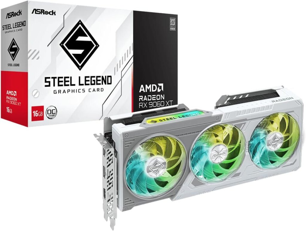 ASRock Radeon RX 9060 XT Steel Legend 16GB GDDR6 OC Graphics Card – 3275 MHz Boost with Triple Fan 0dB Cooling & Polychrome SYNC RGB – RX9060XT SL 16GO