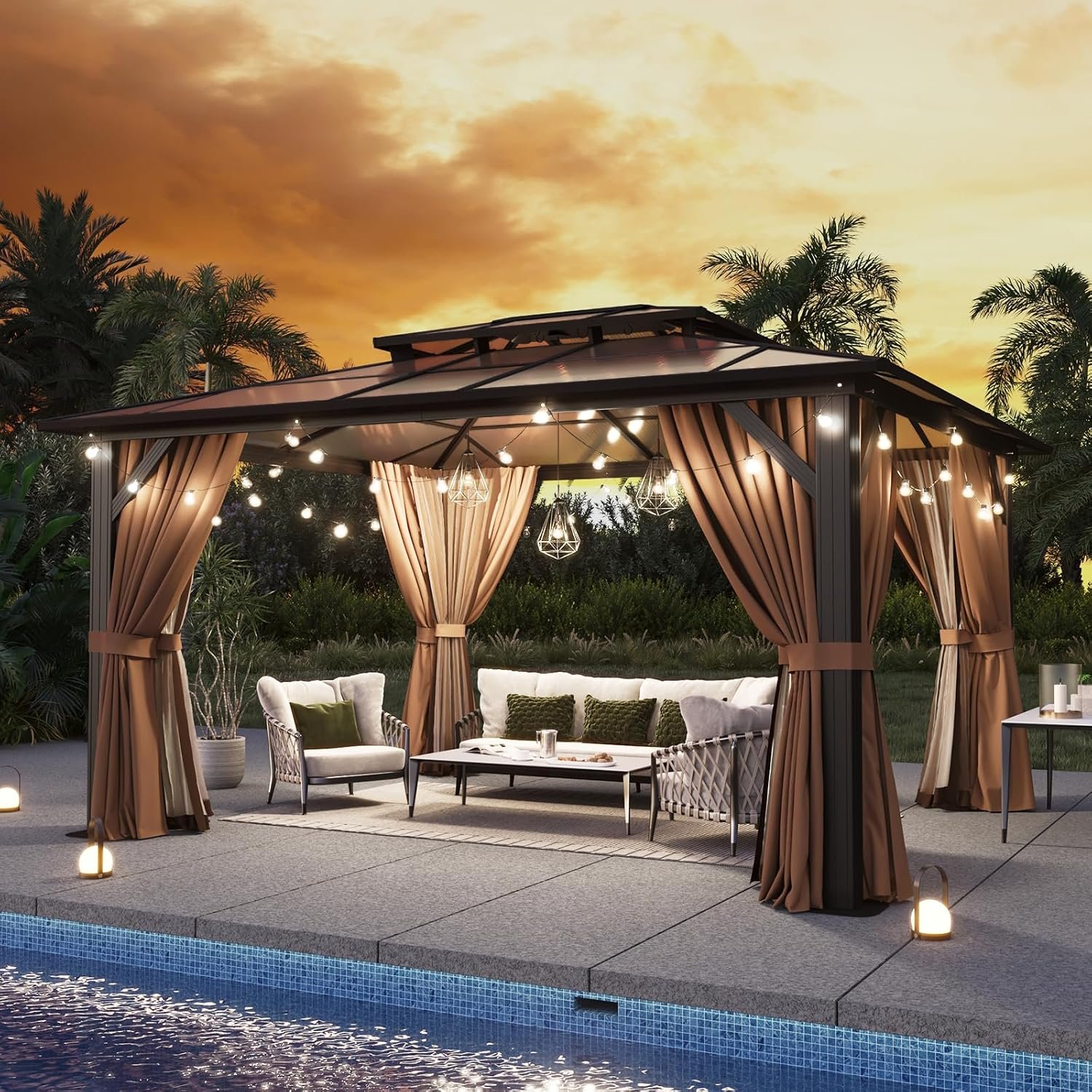 Aoxun 12×10 FT Hardtop Gazebo – Polycarbonate Double Roof with Curtains & Netting for Patio, Backyard & Outdoor Gatherings - Image 3