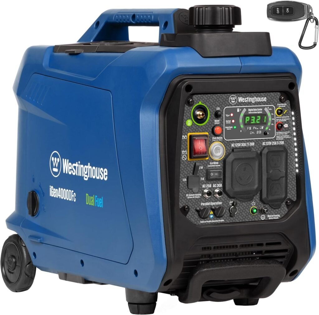 Westinghouse iGen4000DFc Dual Fuel Portable Inverter Generator – 4,000W Peak/3,300W Running with Remote Start & CO Sensor – iGen4000DFc