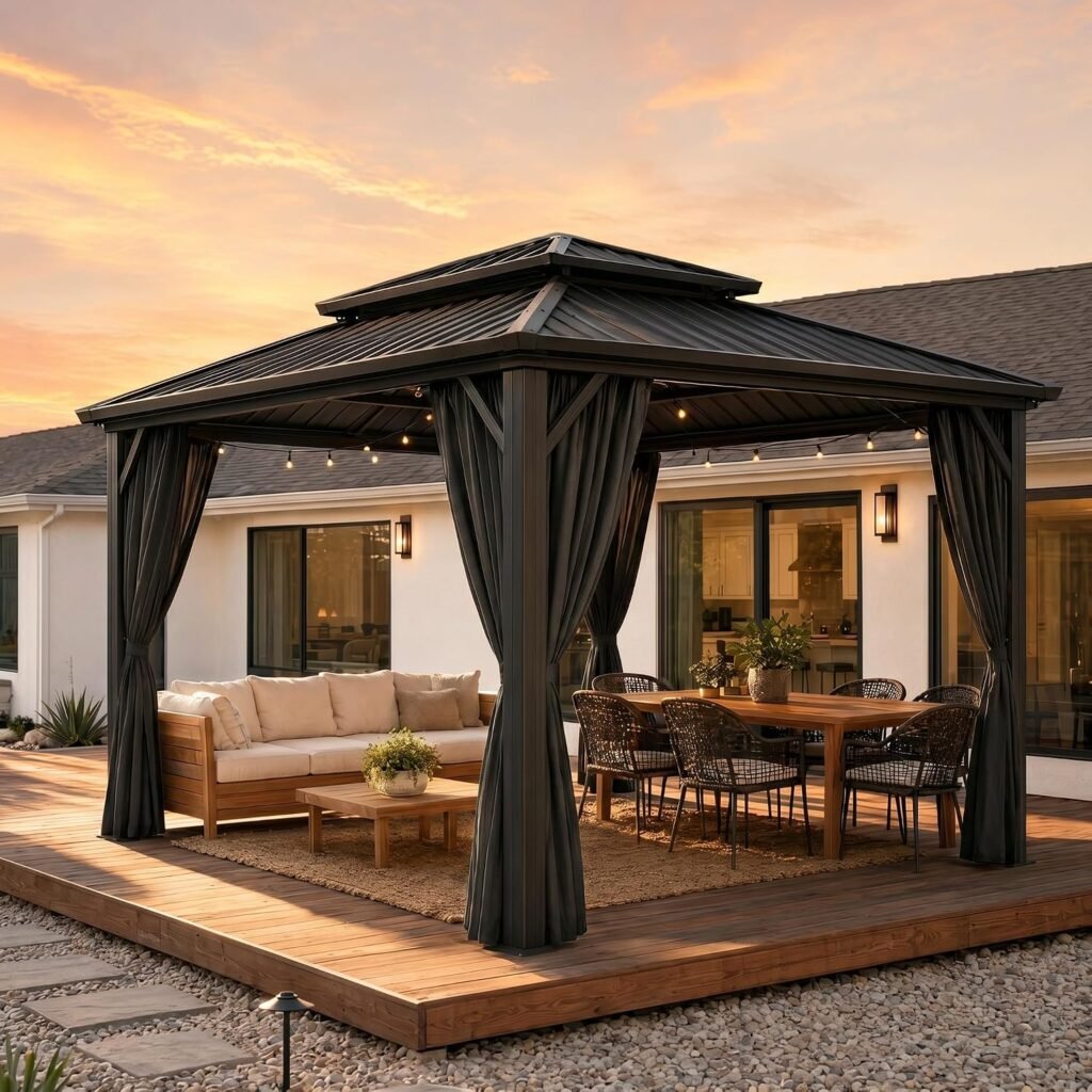 HOTEEL 10×12 FT Hardtop Gazebo – Galvanized Steel Double Roof with Flame-Retardant Curtains & Netting for Patio, Backyard & Outdoor Parties
