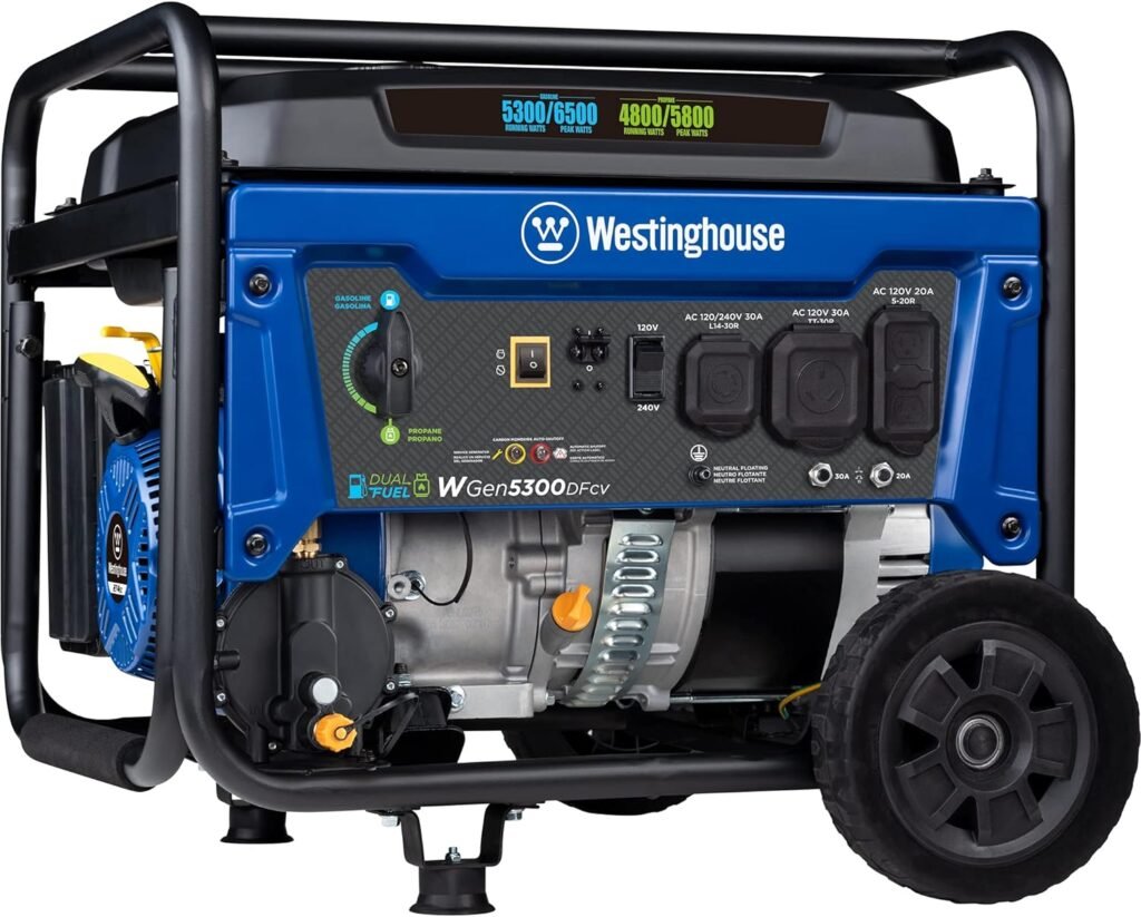 Westinghouse WGen5300DFcv Dual Fuel Portable Generator – 6,500W Gas/5,800W Propane with CO Sensor & RV Outlet – WGen5300DFcv